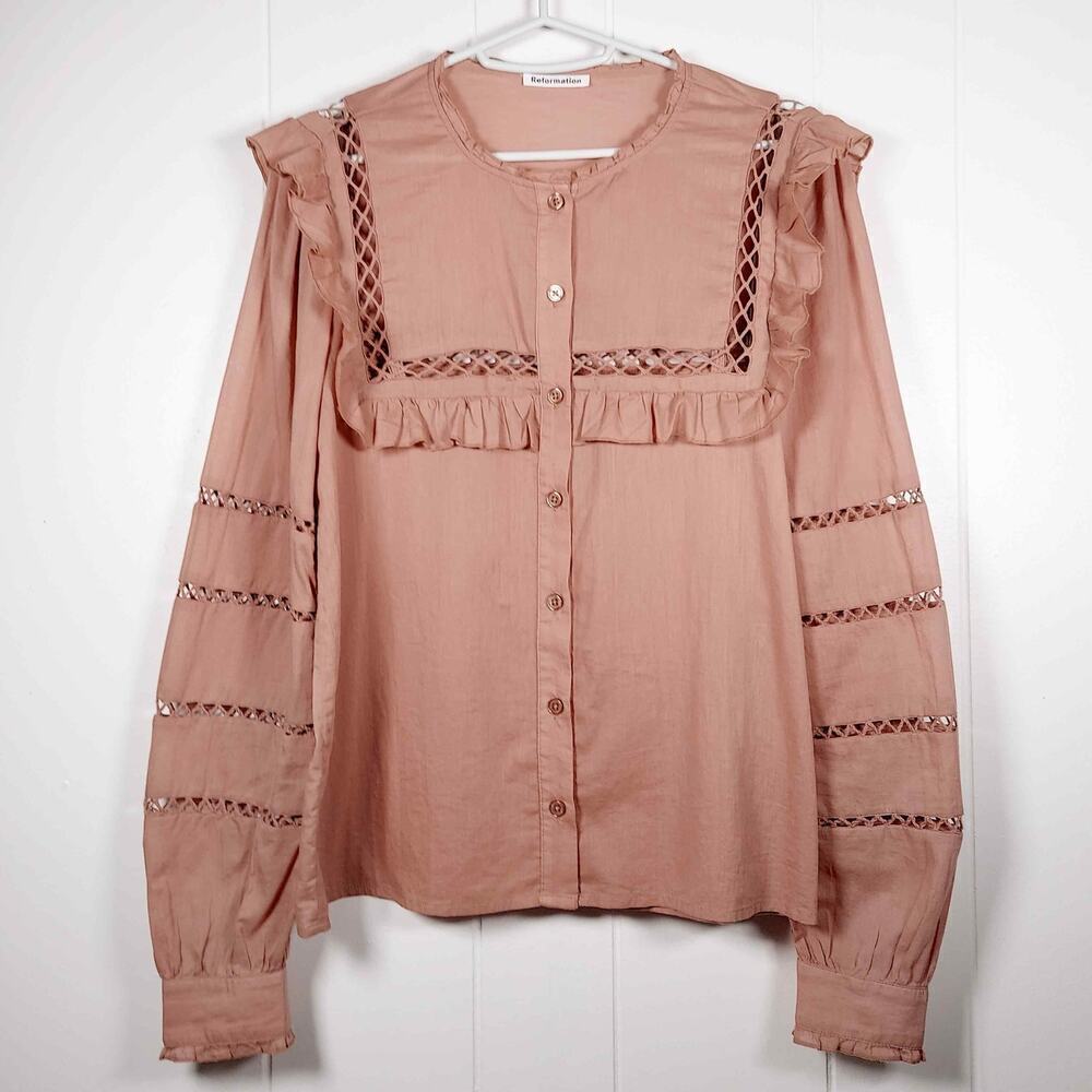 Reformation Button Up Rosey Top Prairie Ruffle Collar Eyelet Details Praline XS
